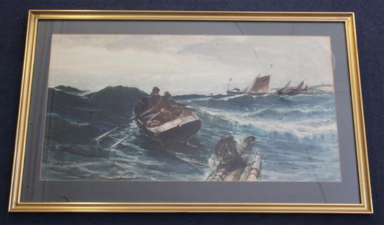 Edwin Ellis (1841-1895) Towing wreckage off the Yorkshire coast 39 x 72cm
